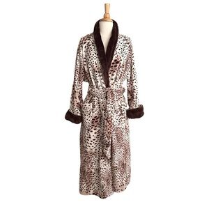 NATORI Animal Print Snow Leopard Plush Long Wrap Robe Loungewear Neutral Size XL